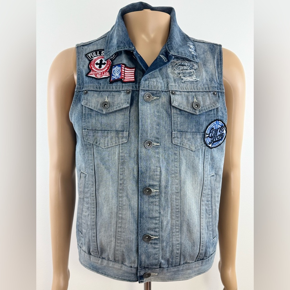 Southpole Distressed Sleeveless Denim Vest, Men's Size Medium, Assorted Patches